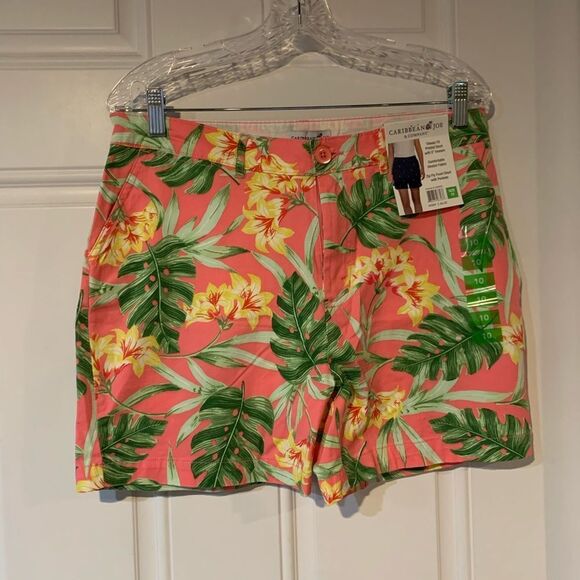 Caribbean Joe Pants - Caribbean Joe Women's Tropical Print Shorts - Coral and Green